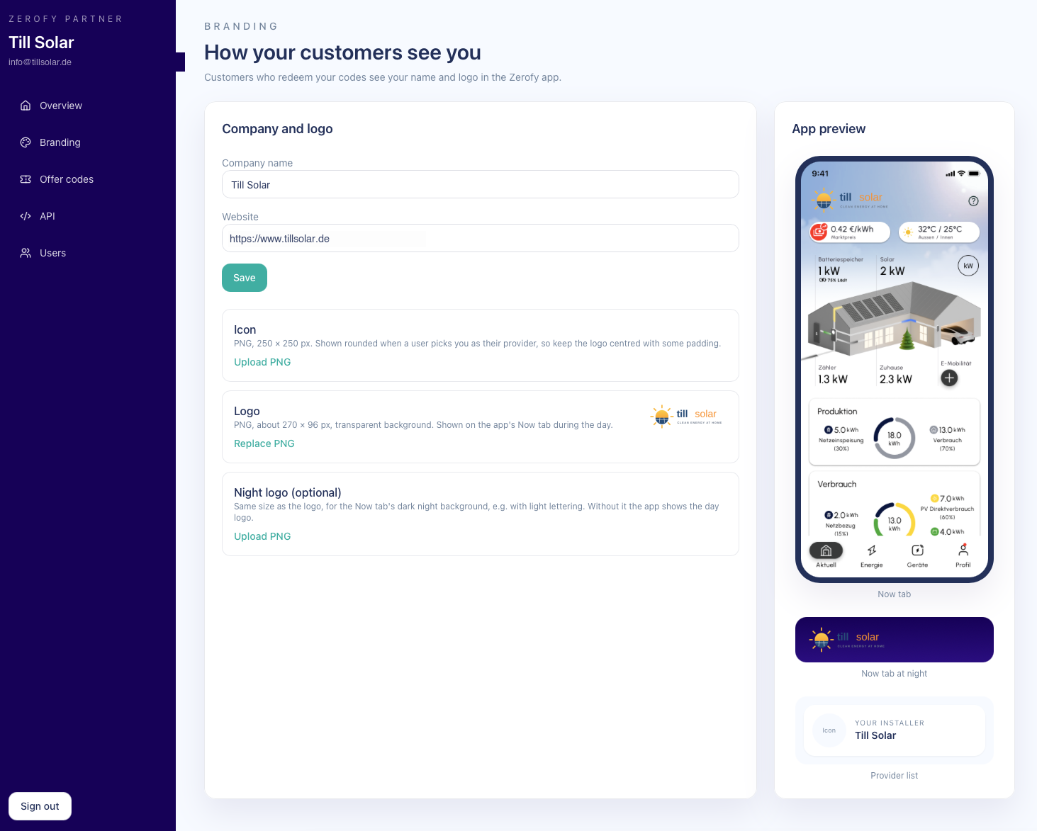 The Branding page in Mission Control: company name, website and logo uploads on the left, a live preview of how the Zerofy app looks to your customers on the right.
